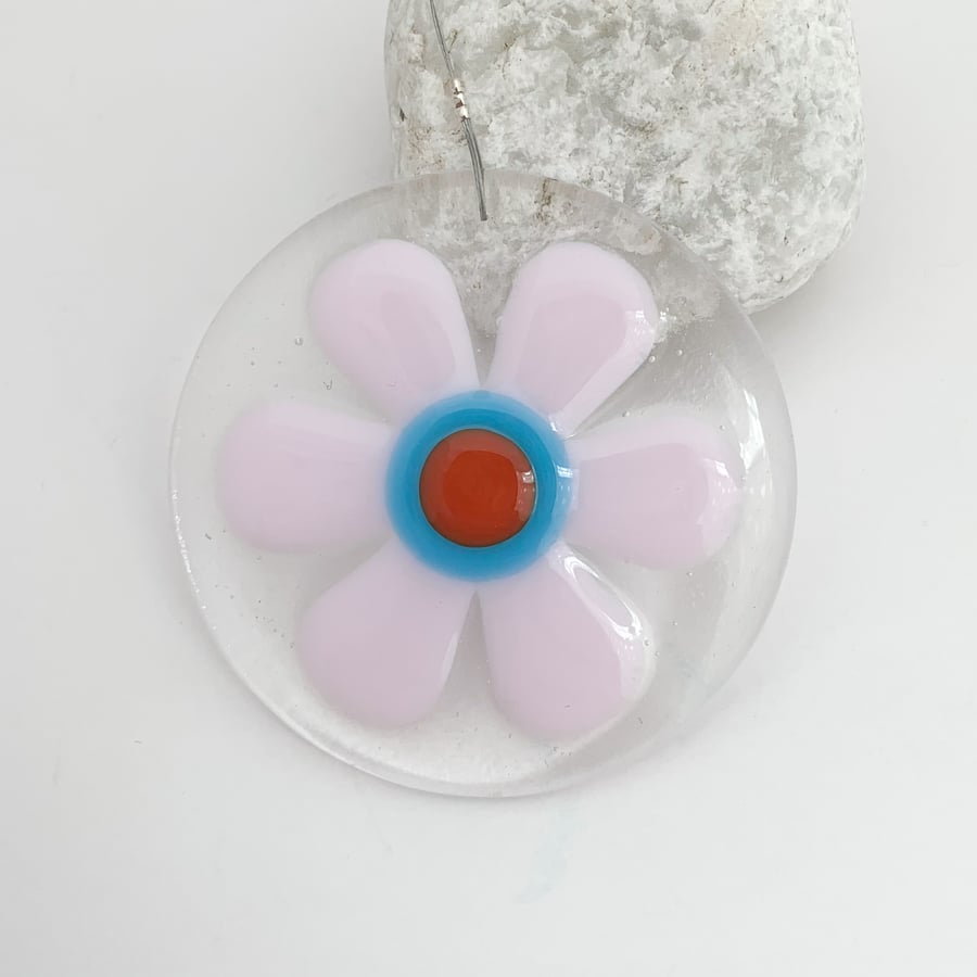 Circular Retro Pink Flower Hanging - Handmade Glass Suncatcher
