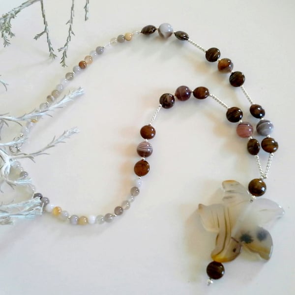 Large Natural Botswana Agate Cut Flower & Jasper Sterling Silver Necklace