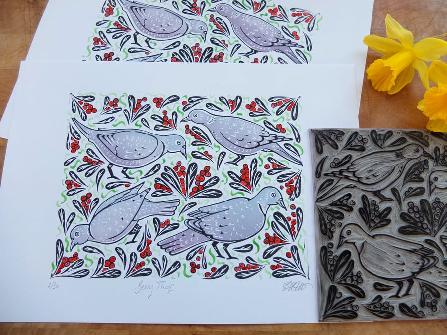 SALE Berry Thief Pigeon Original Lino Print 