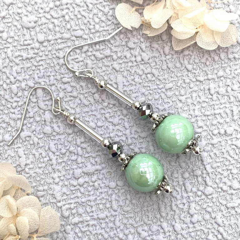 Vintage Style Green Porcelain Bead Earrings