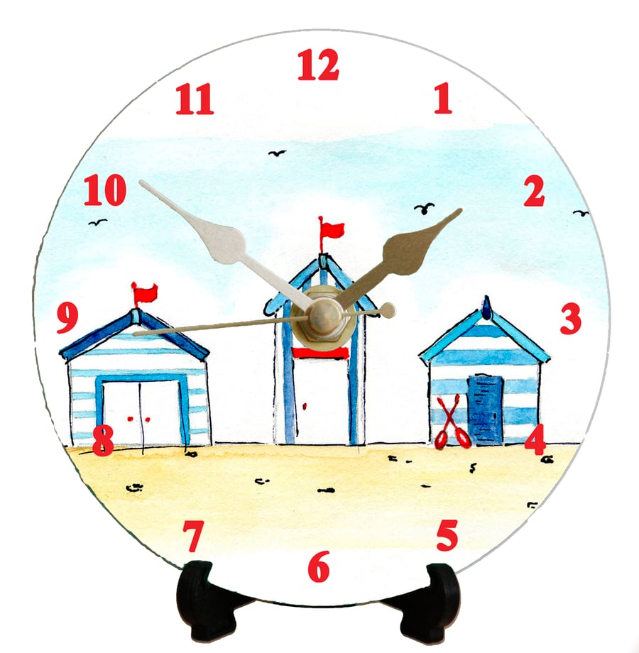12cm DIY clock kit Beach Huts illustration - wall or desk clock