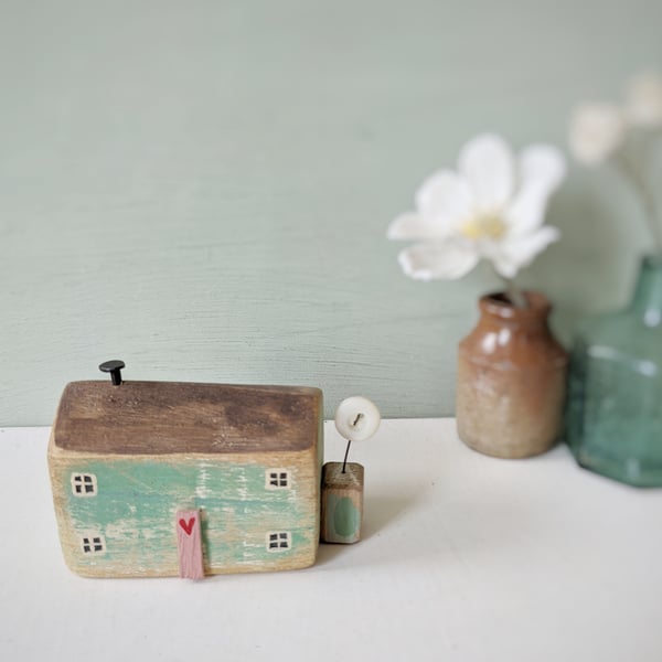 Little Handmade Wooden House with Teeny Button Flower Garden