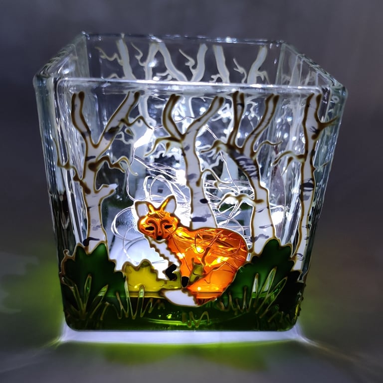 Hand painted glass candle holder, a skulk of foxes in the woods 