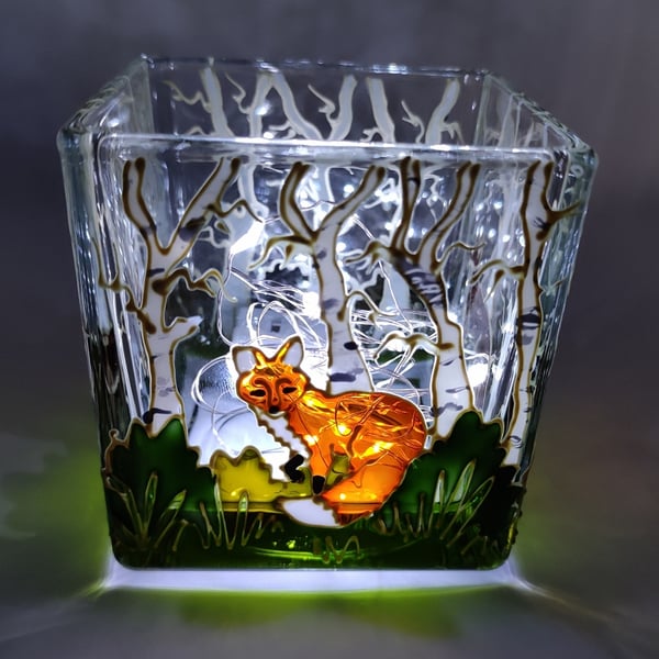 Hand painted glass candle holder, a skulk of foxes in the woods 