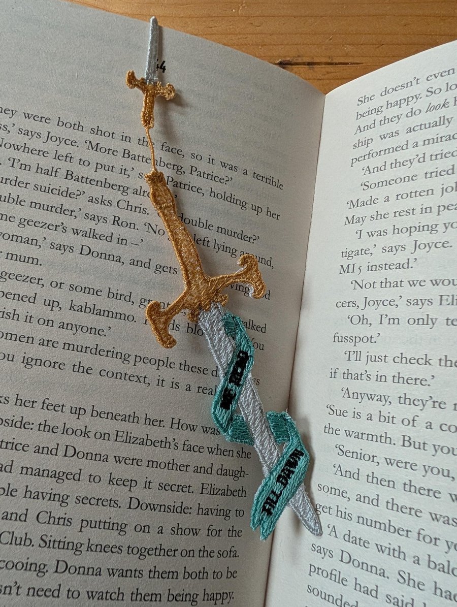 Sword bookmark, machine embroidered, bookish gift, we read till dawn