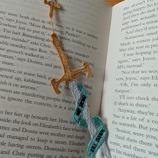 Sword bookmark, machine embroidered, bookish gift, we read till dawn