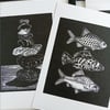 Pebbles and Fish linocut prints. Original handprinted black and white linoprints