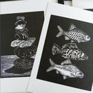 Pebbles and Fish linocut prints. Original handprinted black and white linoprints