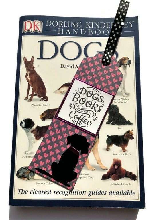 Handmade Dog Bookmark: Black Silhouette, Pink Hearts & Polka Dot Ribbon