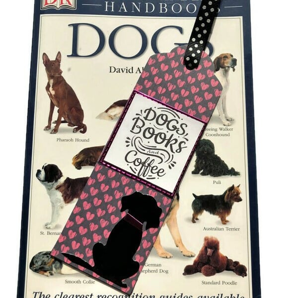 Handmade Dog Bookmark: Black Silhouette, Pink Hearts & Polka Dot Ribbon
