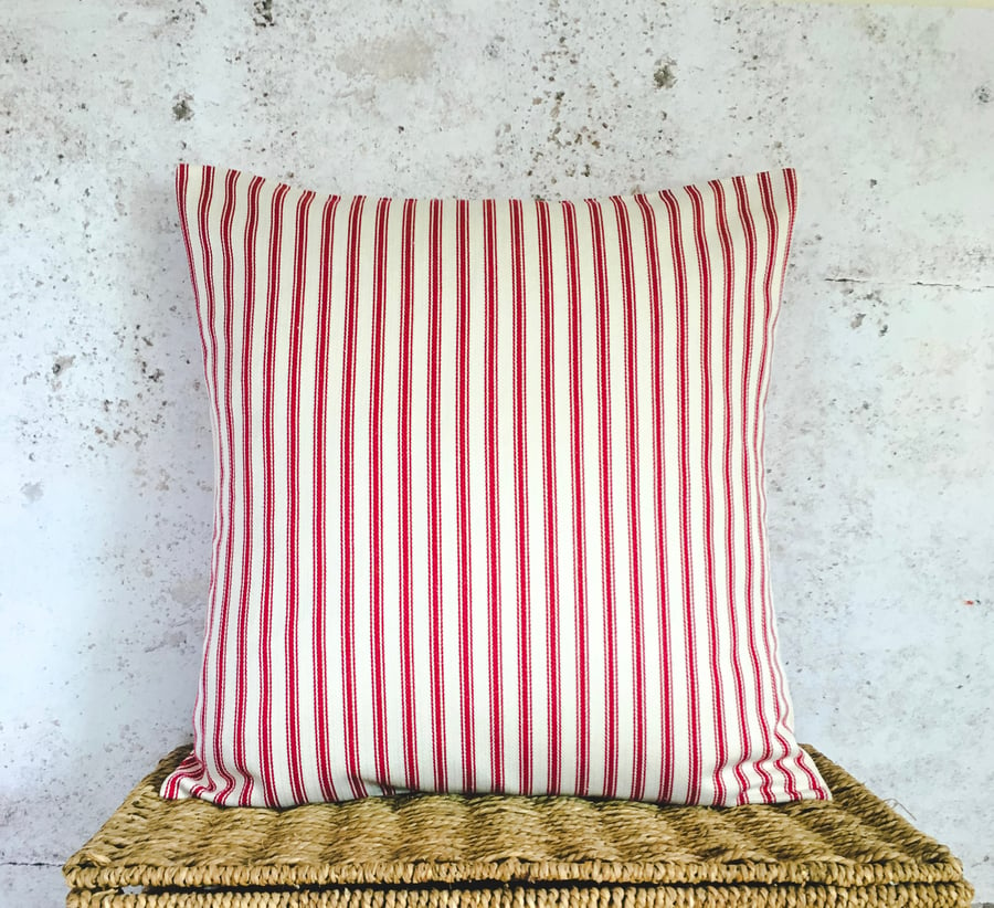 Red and Cream Ticking Cushion Cover 16” x 16”