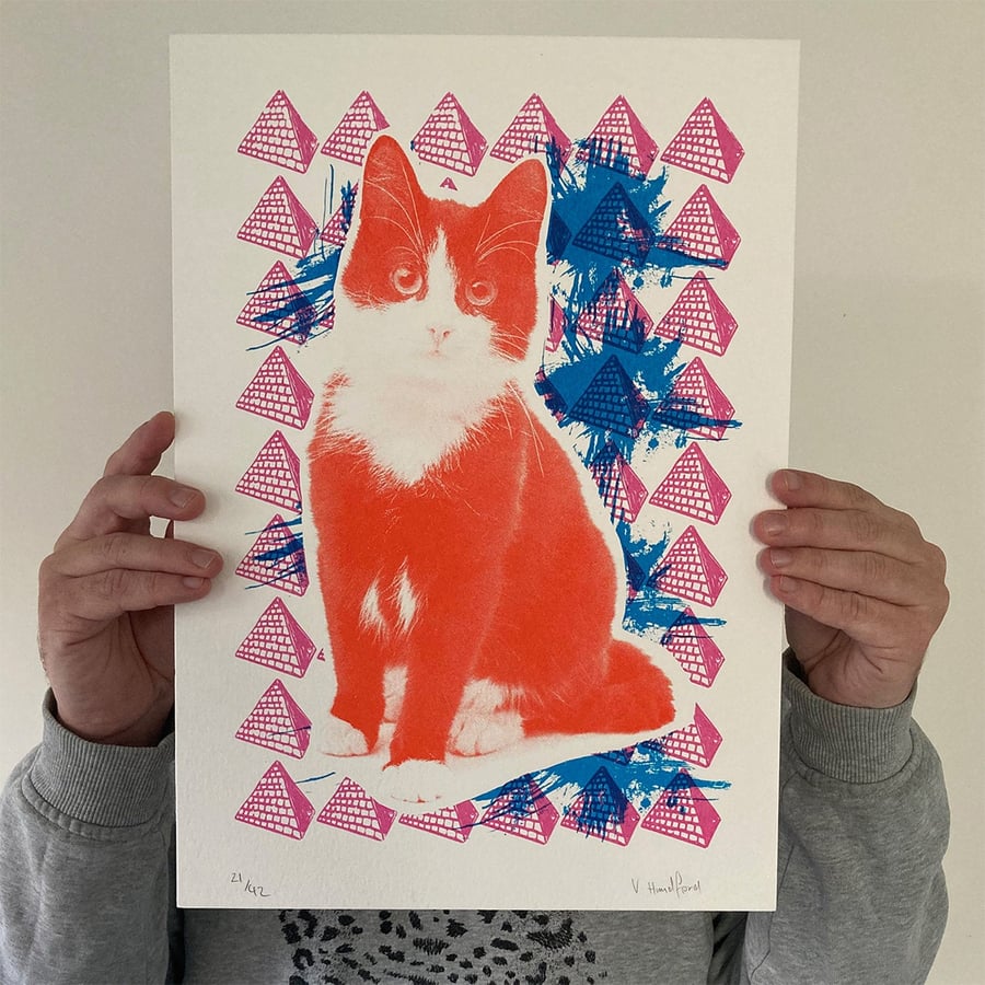 Screen Printed Cat Poster - 'Cat Pyramids.'