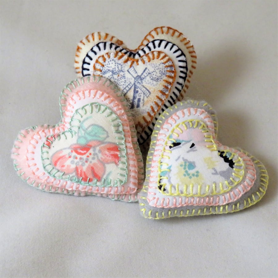 Trio of Pastel Appliqued Felt Lavender Hearts