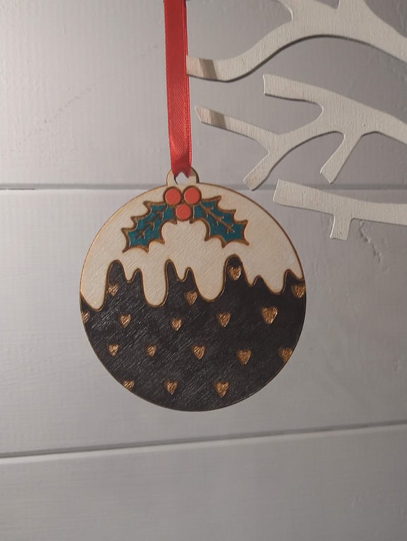 Christmas Pudding Bauble decoration, laser-etched & laser-cut, Hand-painted