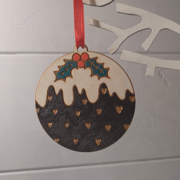 Christmas Pudding Bauble decoration, laser-etched & laser-cut, Hand-painted