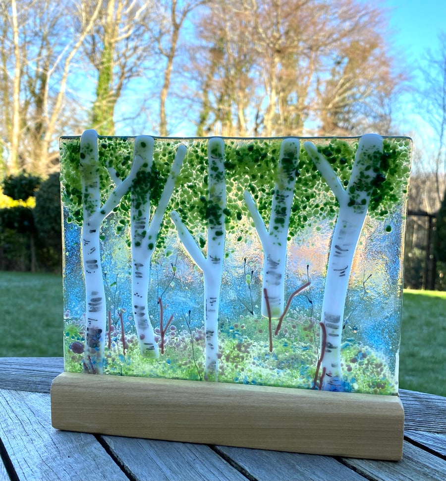 Woodland art in fused glass freestanding oak base 