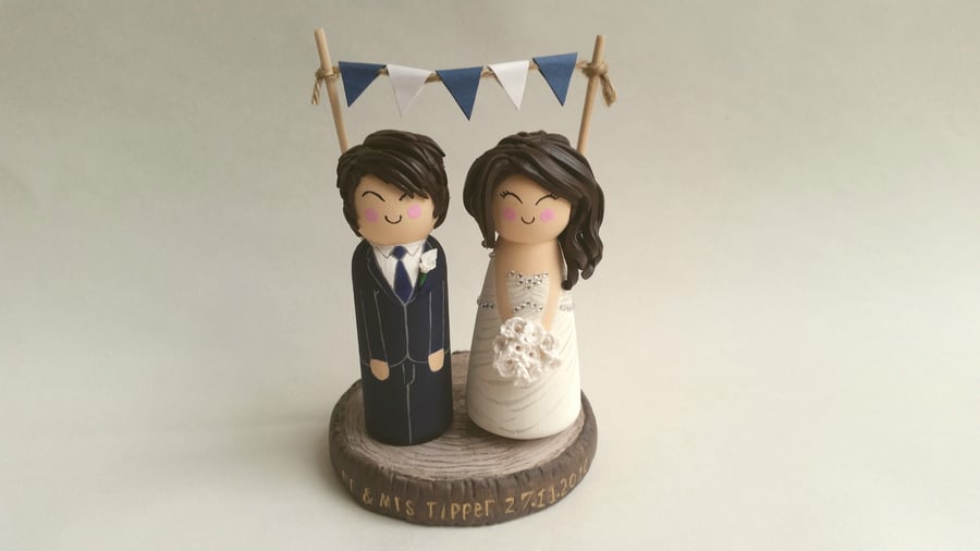 Bride & Groom Wedding Cake Toppers Personalised Base and Free Bunting
