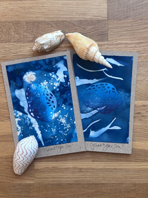 Cyanotype Sea 3 - Linocut and Cyanotype Cards with envelopes - Pack of 2.