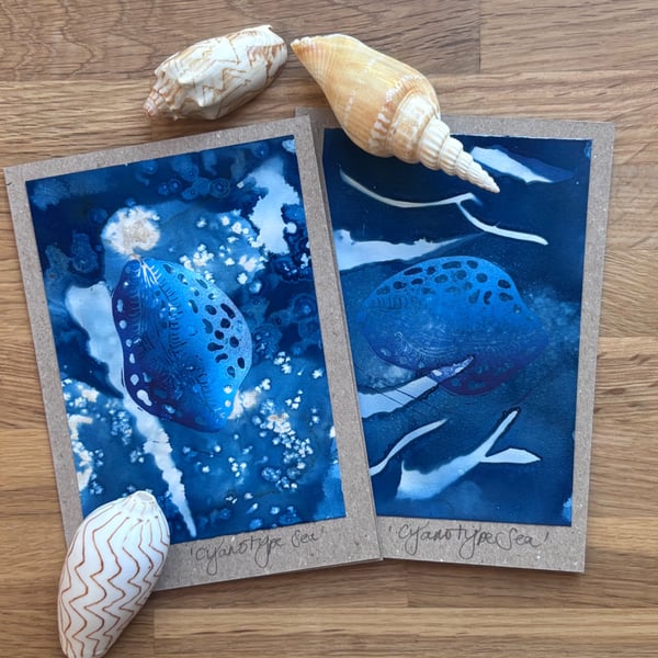 Cyanotype Sea 3 - Linocut and Cyanotype Cards with envelopes - Pack of 2.