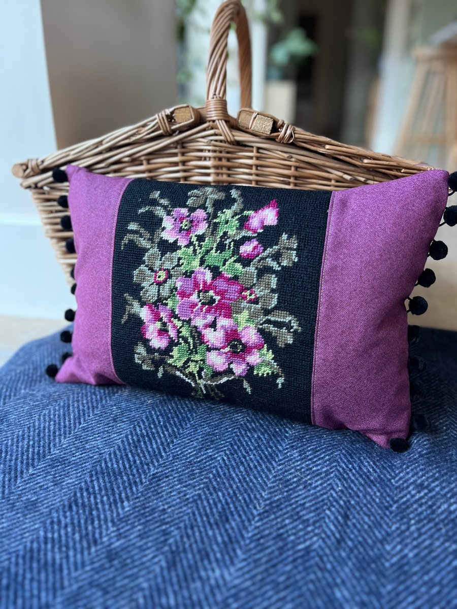 Purple Anemone tapestry cushion with pompoms
