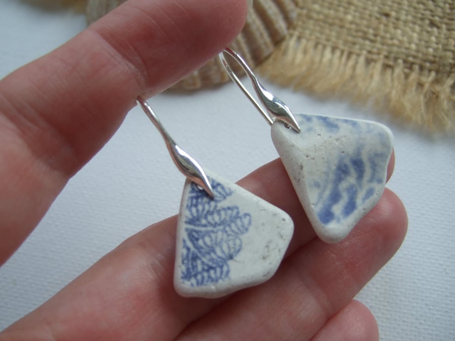 Scottish sea pottery blue jewellery, Blue Wave pattern sterling silver pottery