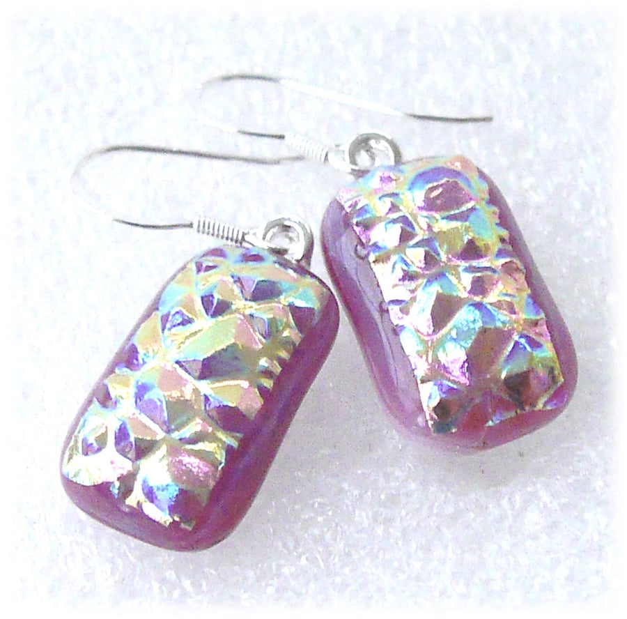 Handmade Fused Dichroic Glass Earrings 255 Pink Diamond Glitter