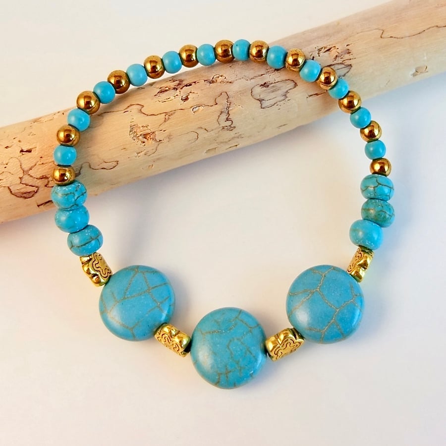 Turquoise And Gold Bracelet, Handmade In Devon, Free UK Delivery.