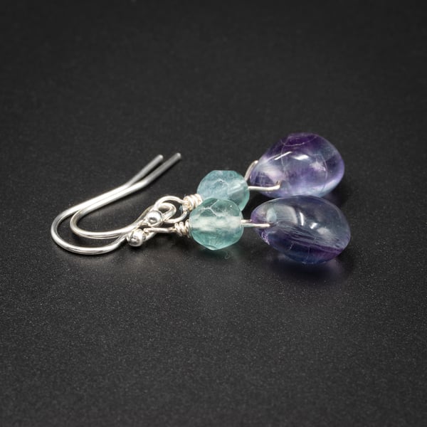 Fluorite sterling silver teardrop gemstone earrings, Pisces gift