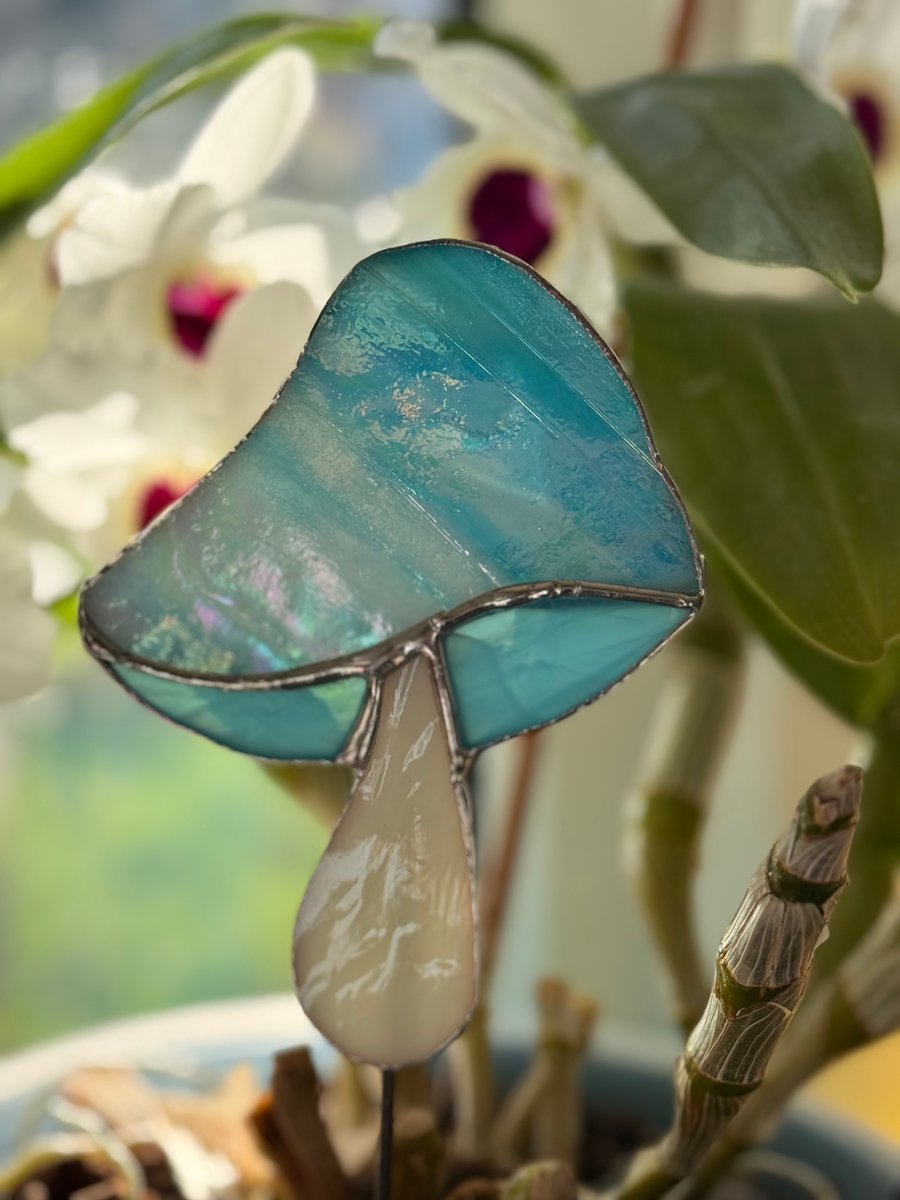 Stained glass staked mushroom - Shimmering turquoise