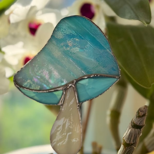 Stained glass staked mushroom - Shimmering turquoise
