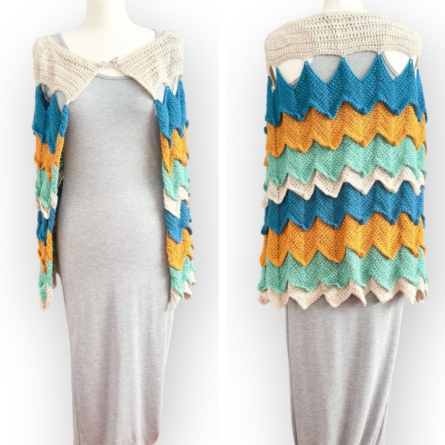 Chevron Stripe Crochet Cape with Crystal Button Detail – Women’s Fashion