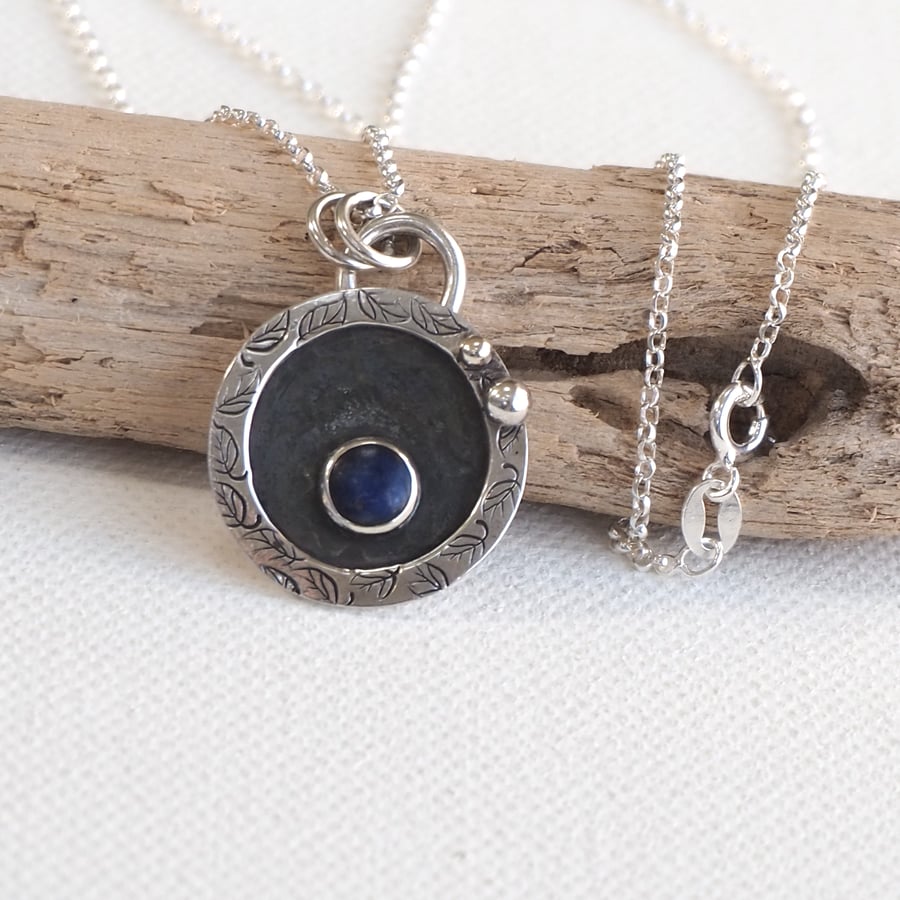Round silver Lapis Lazuli pendant necklace, leaf necklace, hallmarked