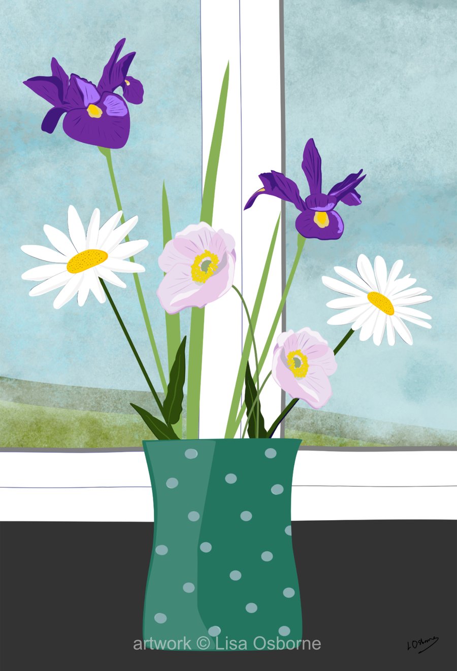 Irises and white daisies - flower art print - summer flowers