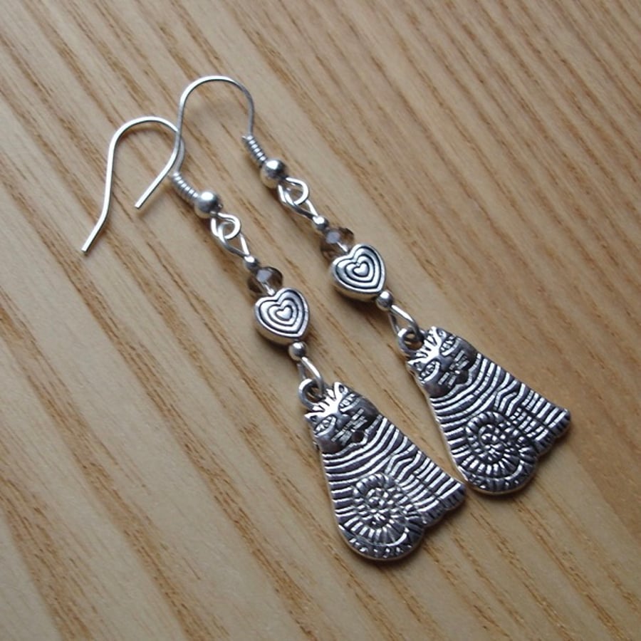 Grey Striped Cheshire Cat Charm Earrings - Gift for Her