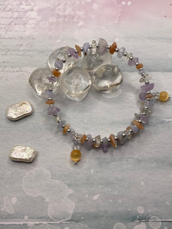 Memory wire bangle with peach moonstone, quartz, amethyst and selenite 