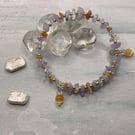 Memory wire bangle with peach moonstone, quartz, amethyst and selenite 