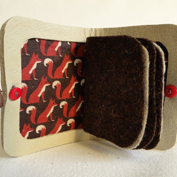 Needle Case in Cream Leather with Red Fox  Fabric Interior