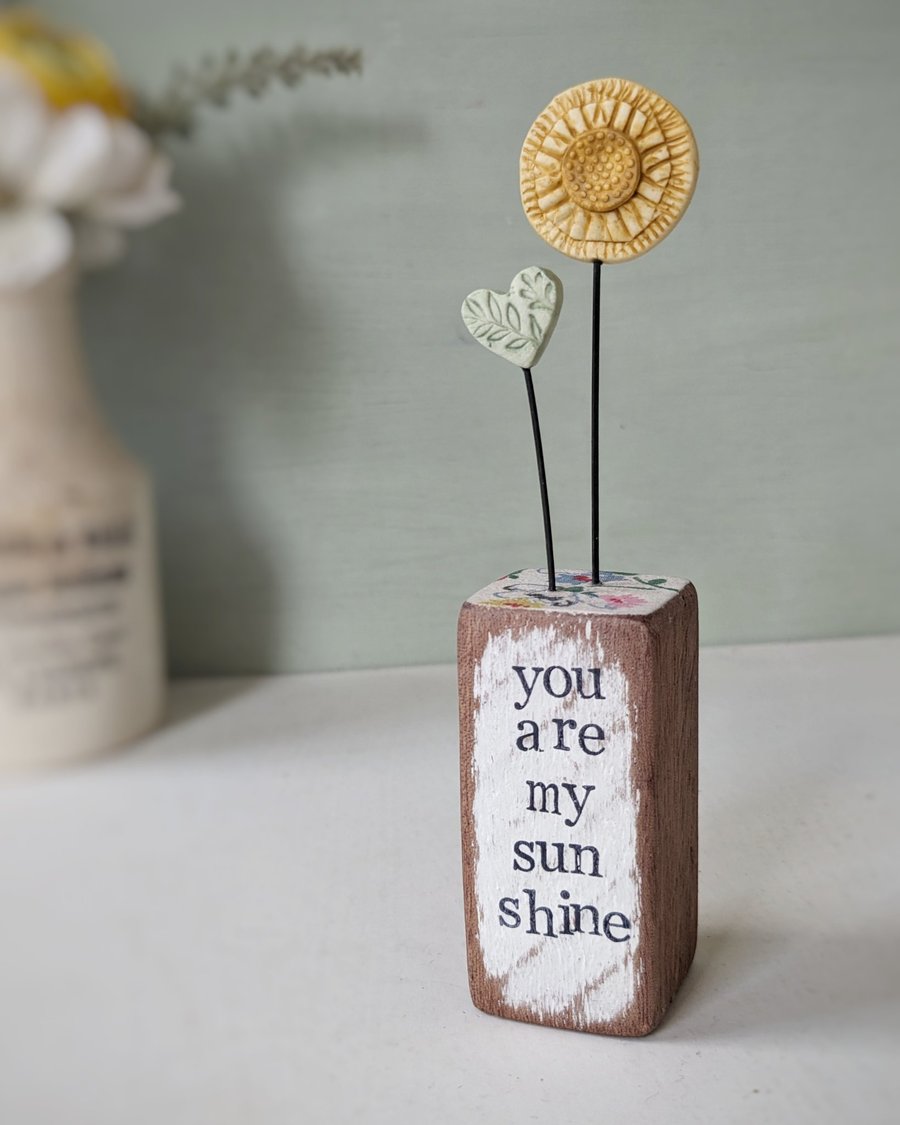 Clay Sunshine in a Wood Block 'You are my Sunshine'