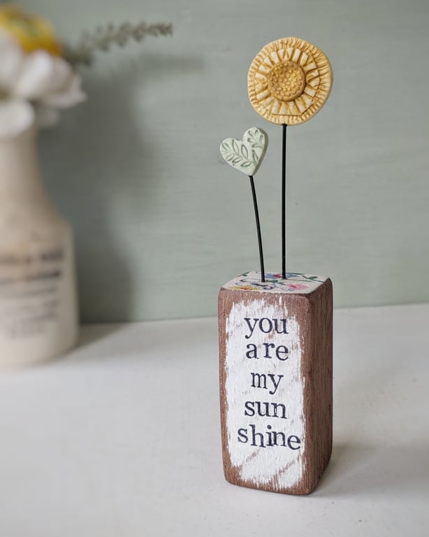 Clay Sunshine in a Wood Block 'You are my Sunshine'