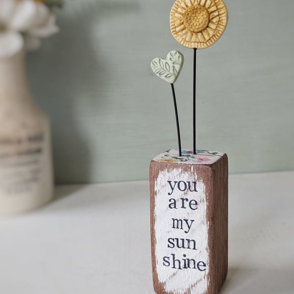 Clay Sunshine in a Wood Block 'You are my Sunshine'