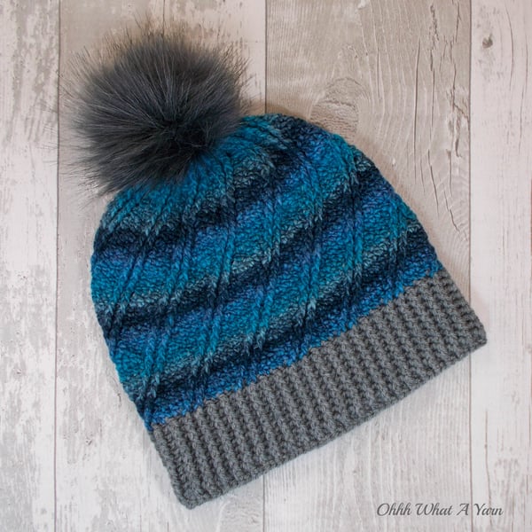 Blue and grey ombre ladies swirl pom pom hat. Crochet hat. Ladies hat.