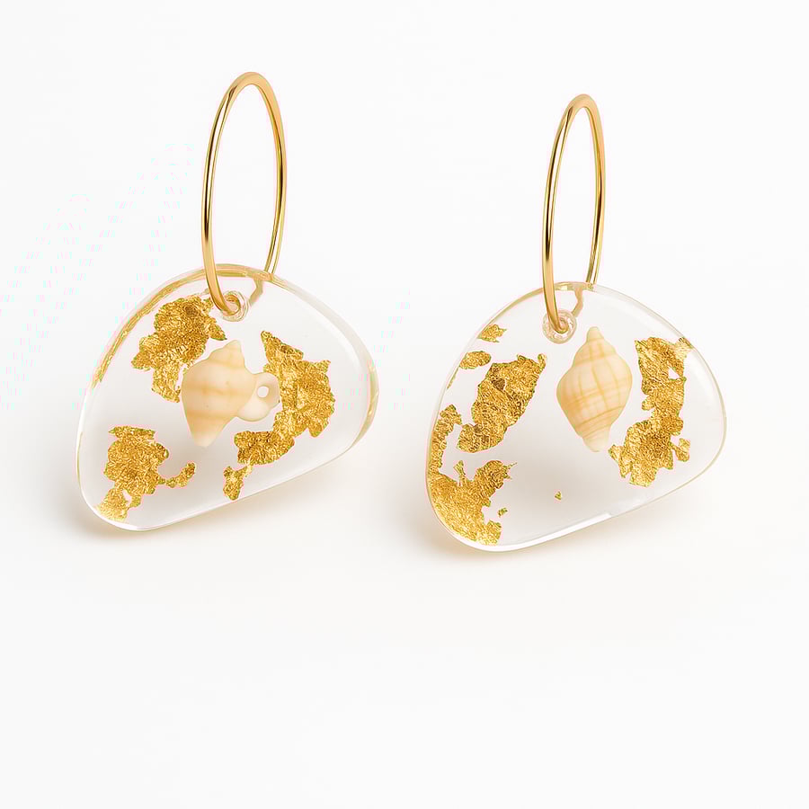 Shell & Gold Leaf Resin Hoop Earrings – Coastal Dangle Drop Earrings