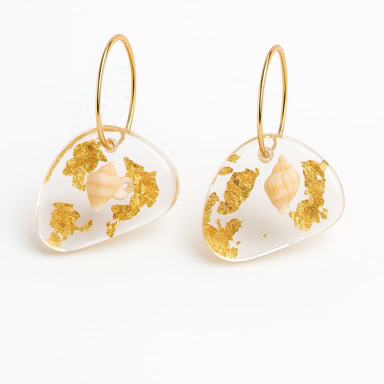 Shell & Gold Leaf Resin Hoop Earrings – Coastal Dangle Drop Earrings