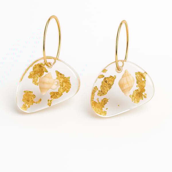 Shell & Gold Leaf Resin Hoop Earrings – Coastal Dangle Drop Earrings
