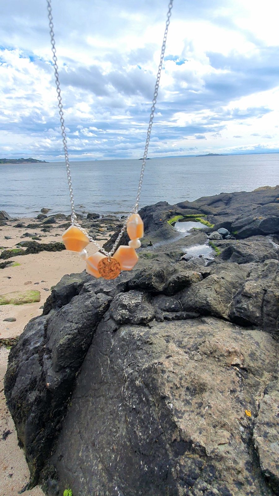 Soft golden mother of pearl and fresh water pearl silver necklace