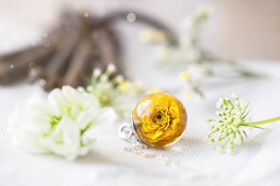 Ranunculus Necklace Mustard Yellow Real Flower Necklace Tiny Jewellery Pressed F