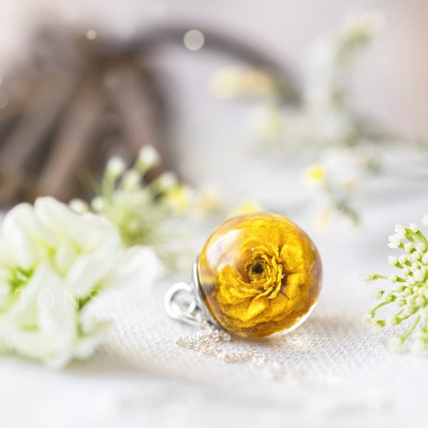 Ranunculus Necklace Mustard Yellow Real Flower Necklace Tiny Jewellery Pressed F
