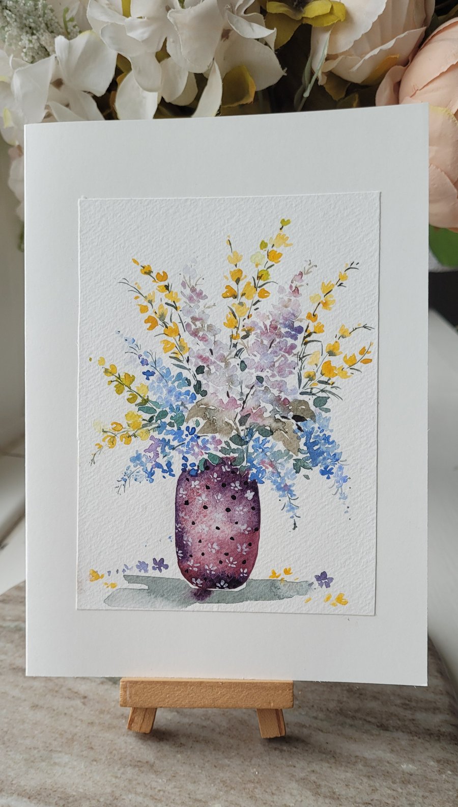 Original watercolor greeting card, pink,floral,vase, summer, special occasion 