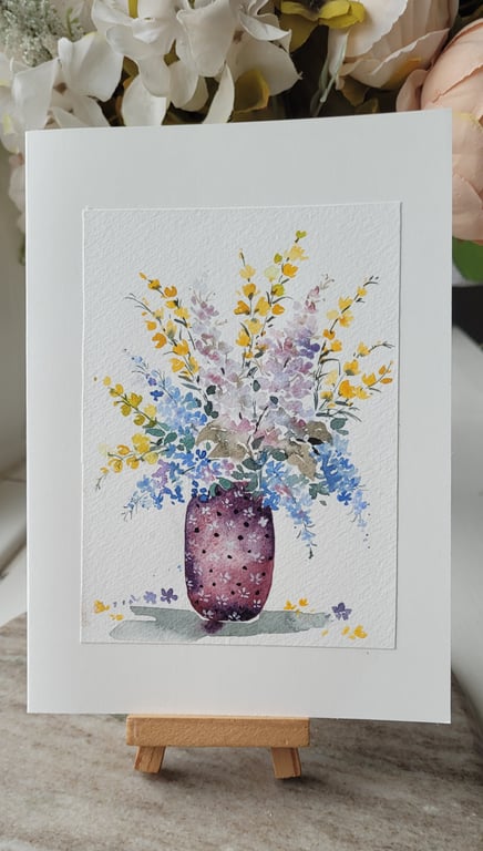 Original watercolor greeting card, pink,floral,vase, summer, special occasion 