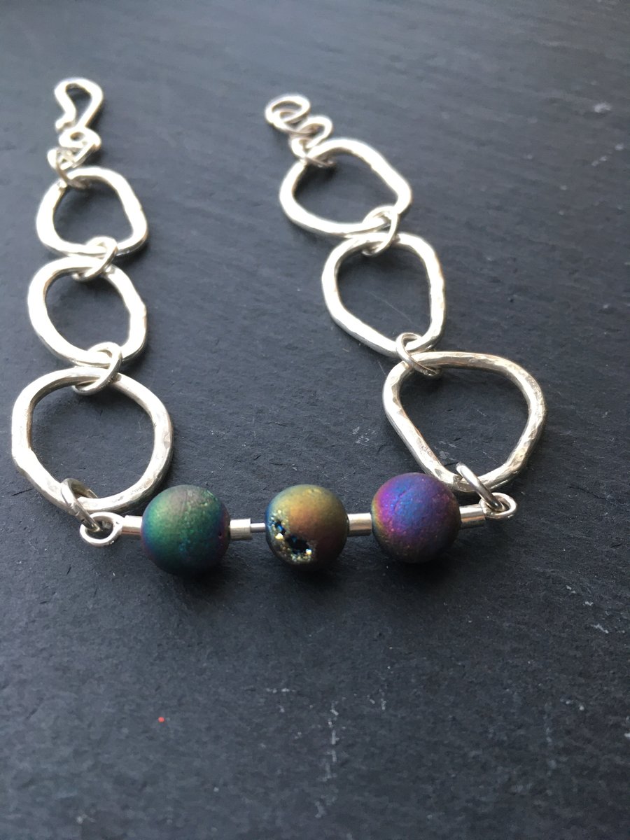 Handmade Sterling Silver and Rainbow Druzy Bead bracelet  